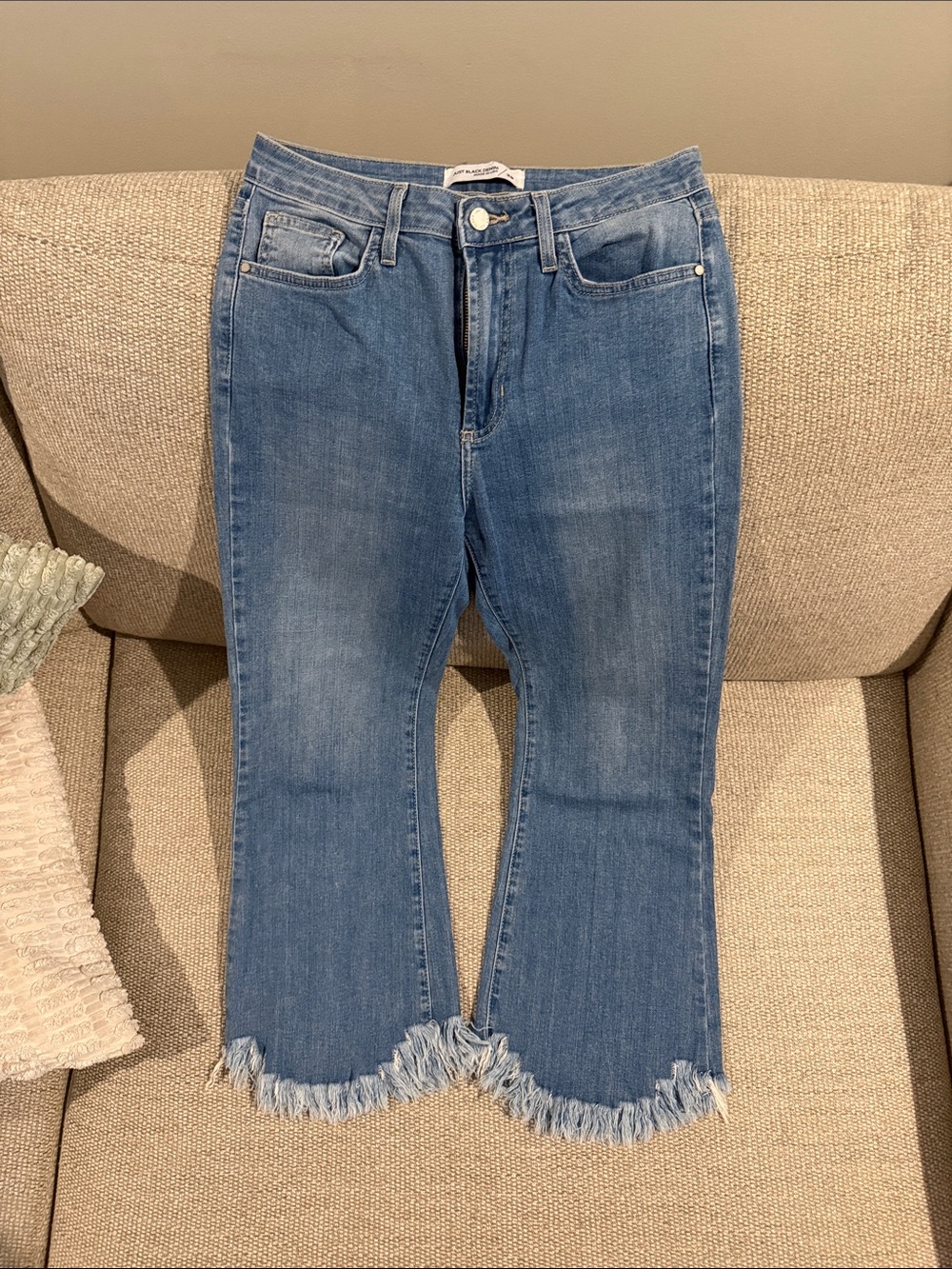 Just Black Mid-Rise Frayed Hem Flare Jeans — Light Blue Denim